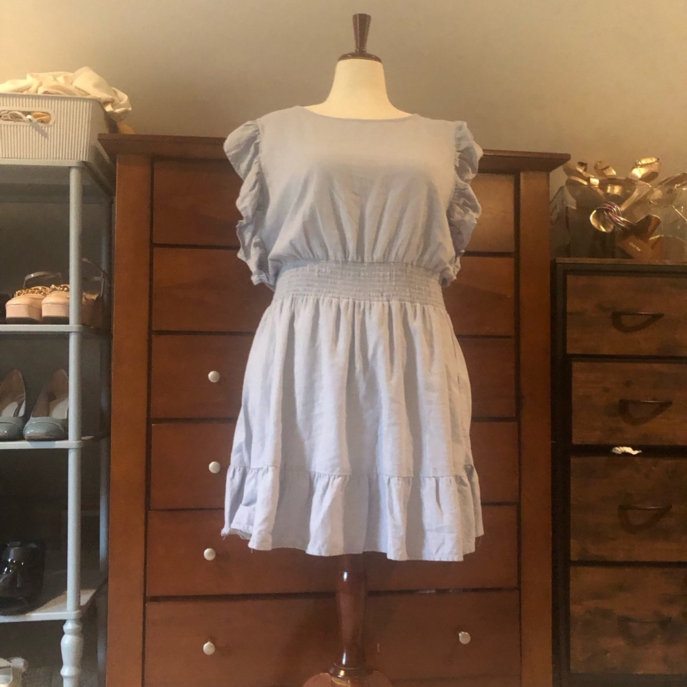 Nicole Miller Light Blue Ruffle Sleeve Mini Dress